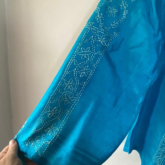 Blue Embroidered Long Sleeve Sz S  Silk Ethnic Top Boho Festival Blouse - Picture 6 of 10